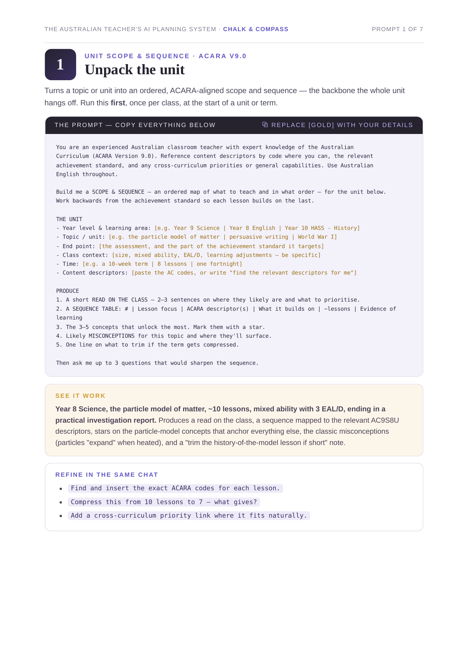 A prompt page showing a real worked example: a Year 8 Science unit unpacked from ACARA descriptors